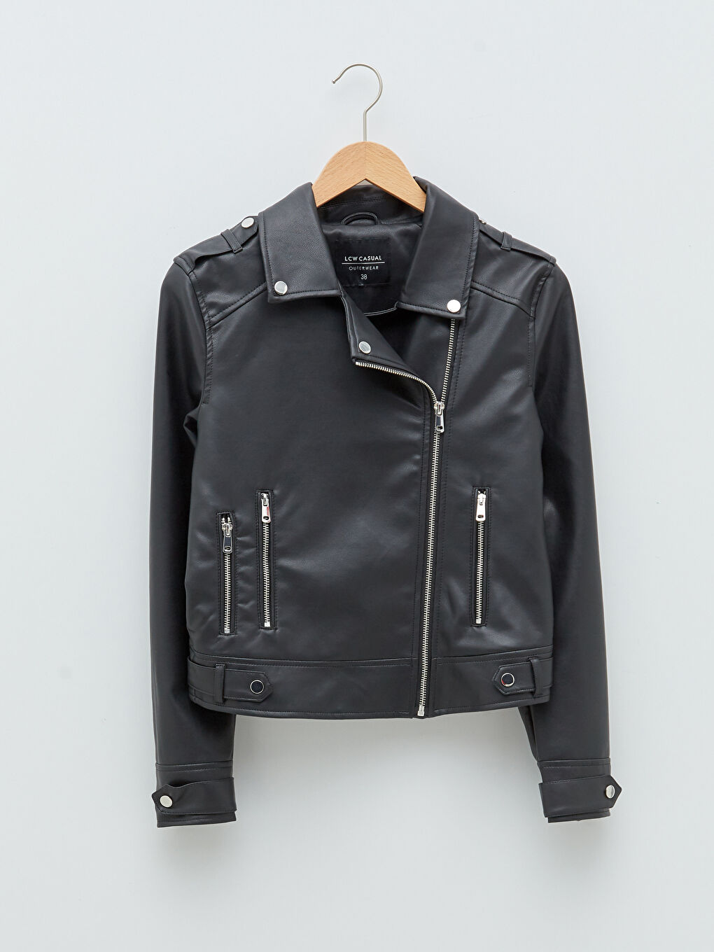 LC Waikiki Biker Collar Straight Long Sleeve Zippered Women's Leather Look Coat -S20247Z8-CVL