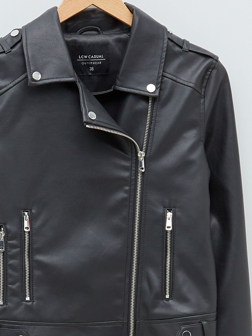 LC Waikiki Biker Collar Straight Long Sleeve Zippered Women's Leather Look Coat -S20247Z8-CVL