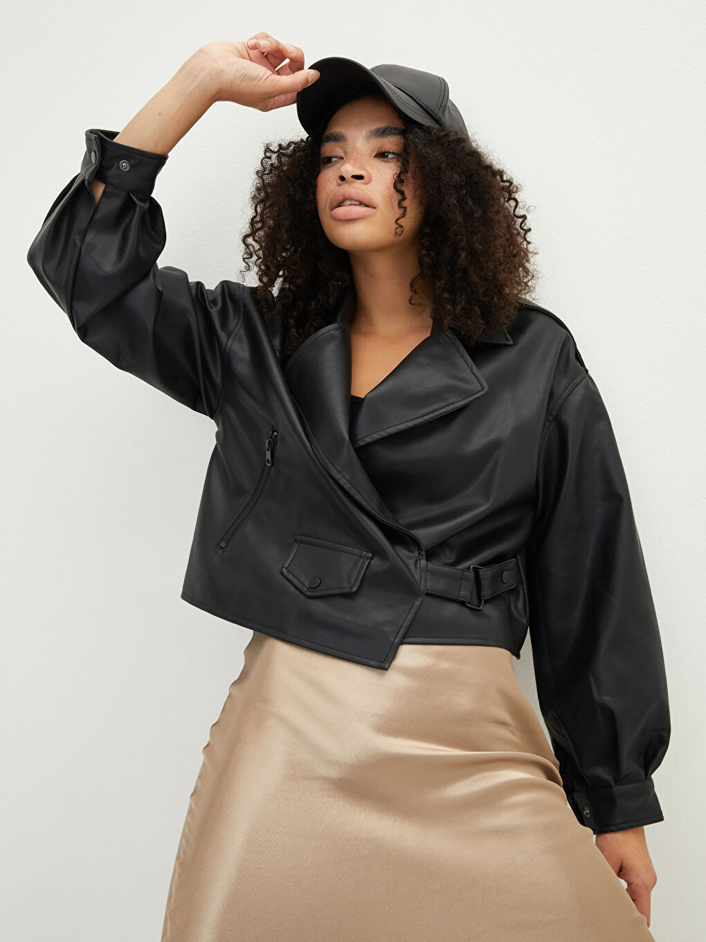 Women's Shirt Collar Plain Faux Leather Coat-1