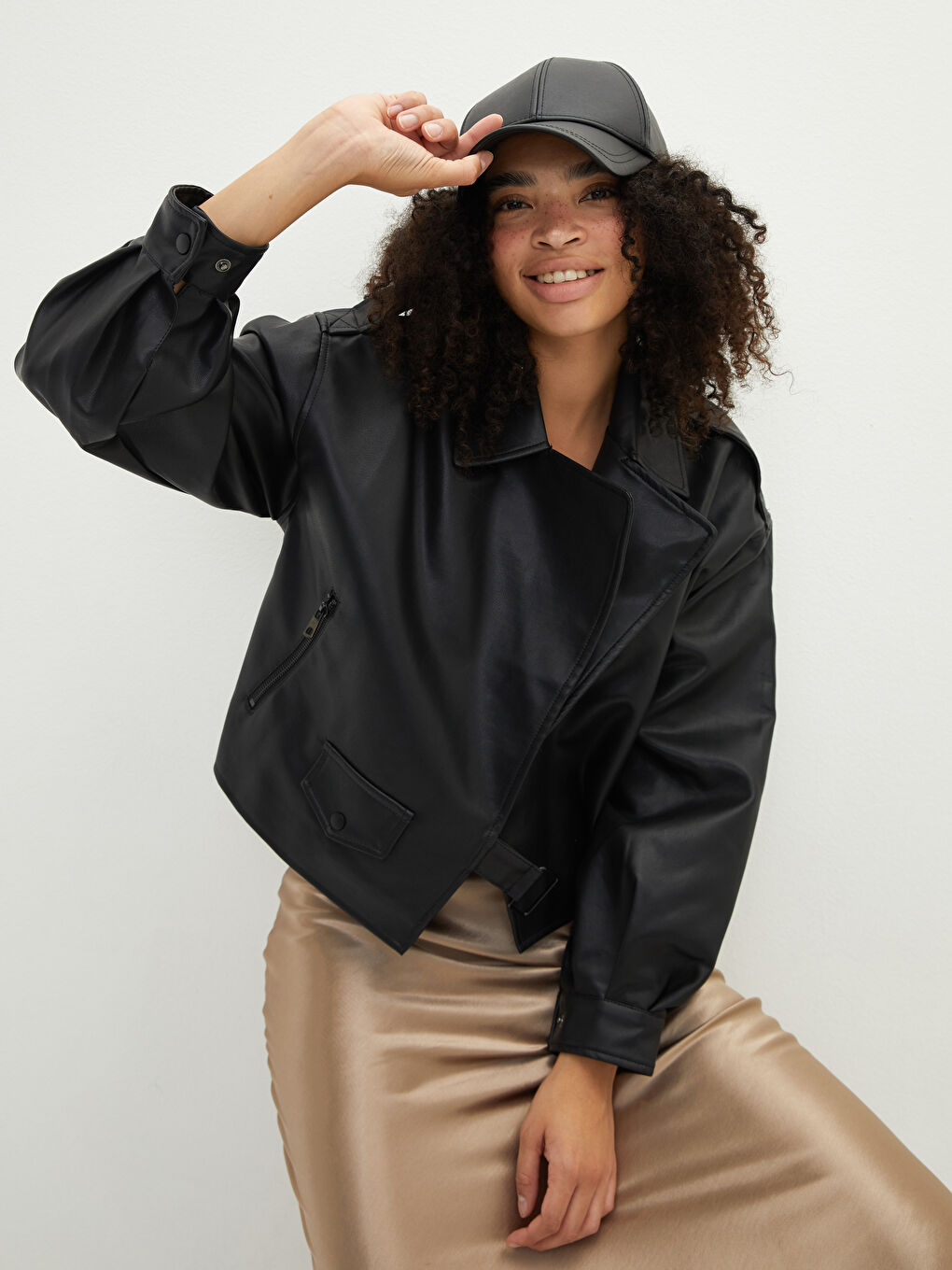 Women's Shirt Collar Plain Faux Leather Coat-2