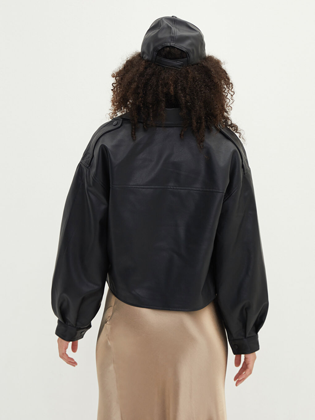 Women's Shirt Collar Plain Faux Leather Coat-5