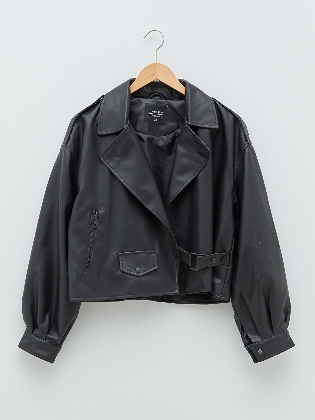 Women's Shirt Collar Plain Faux Leather Coat-6