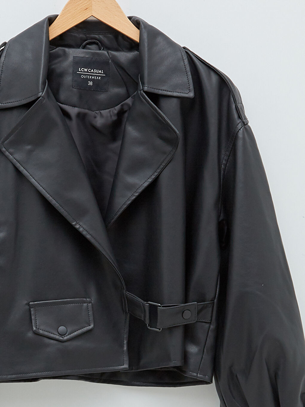 Women's Shirt Collar Plain Faux Leather Coat-8