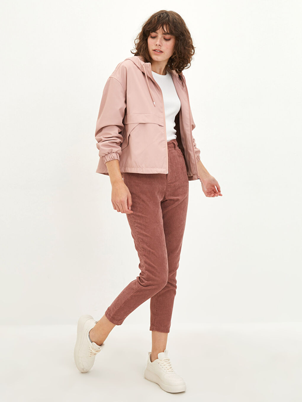 Pembe Kapüşonlu Düz Uzun Kollu Balıkçı Kumaş Kadın Yağmurluk-2