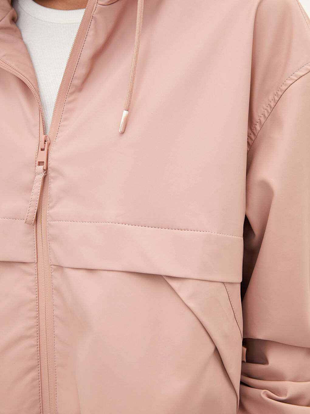 Pembe Kapüşonlu Düz Uzun Kollu Balıkçı Kumaş Kadın Yağmurluk-3