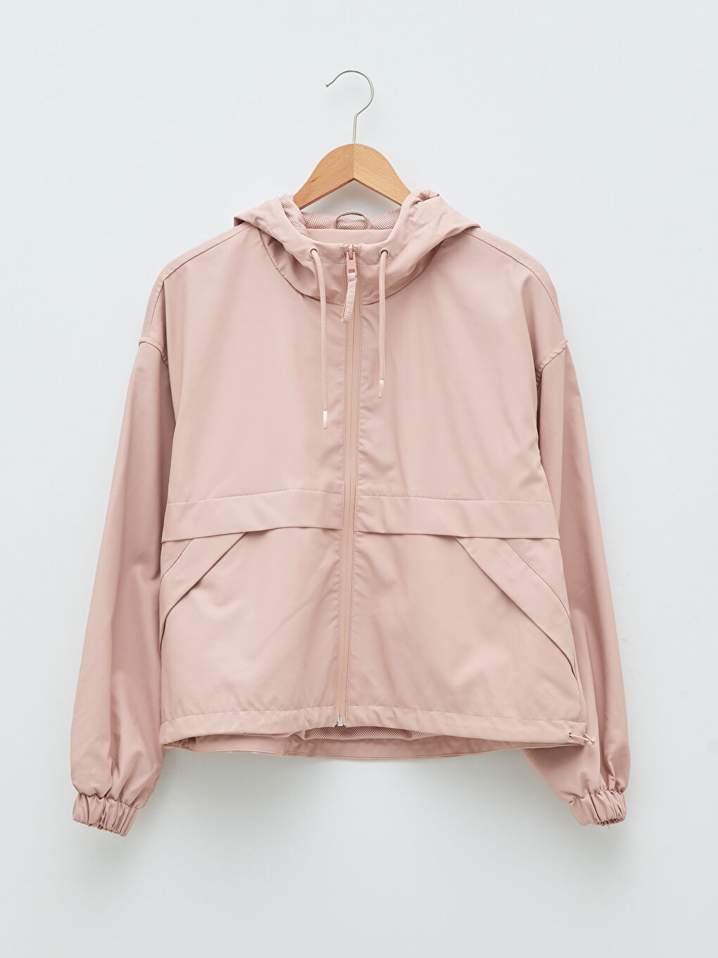 Pembe Kapüşonlu Düz Uzun Kollu Balıkçı Kumaş Kadın Yağmurluk-5