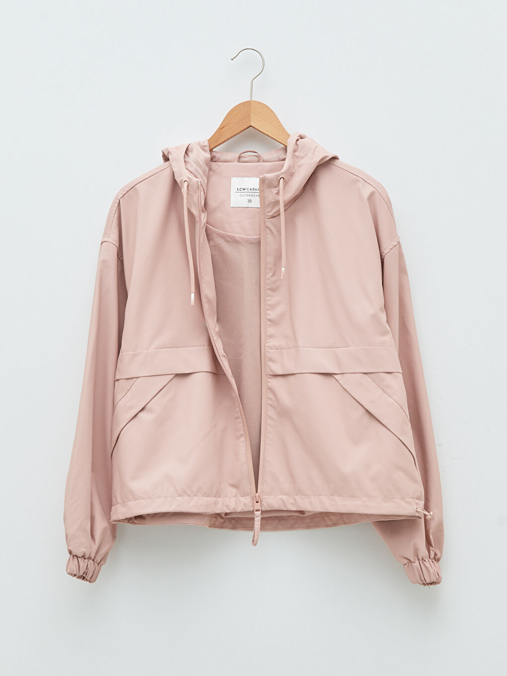 Pembe Kapüşonlu Düz Uzun Kollu Balıkçı Kumaş Kadın Yağmurluk-7