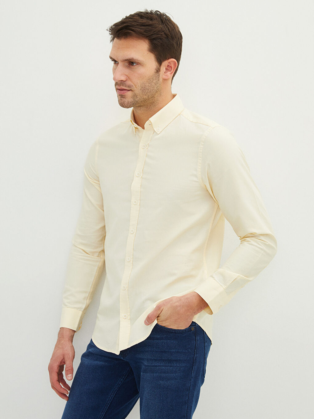 Sarı Slim Fit Uzun Kollu Oxford Erkek Gömlek