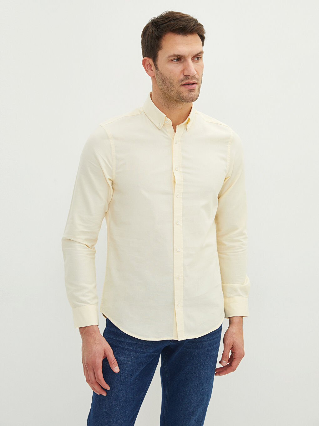 Sarı Slim Fit Uzun Kollu Oxford Erkek Gömlek-1