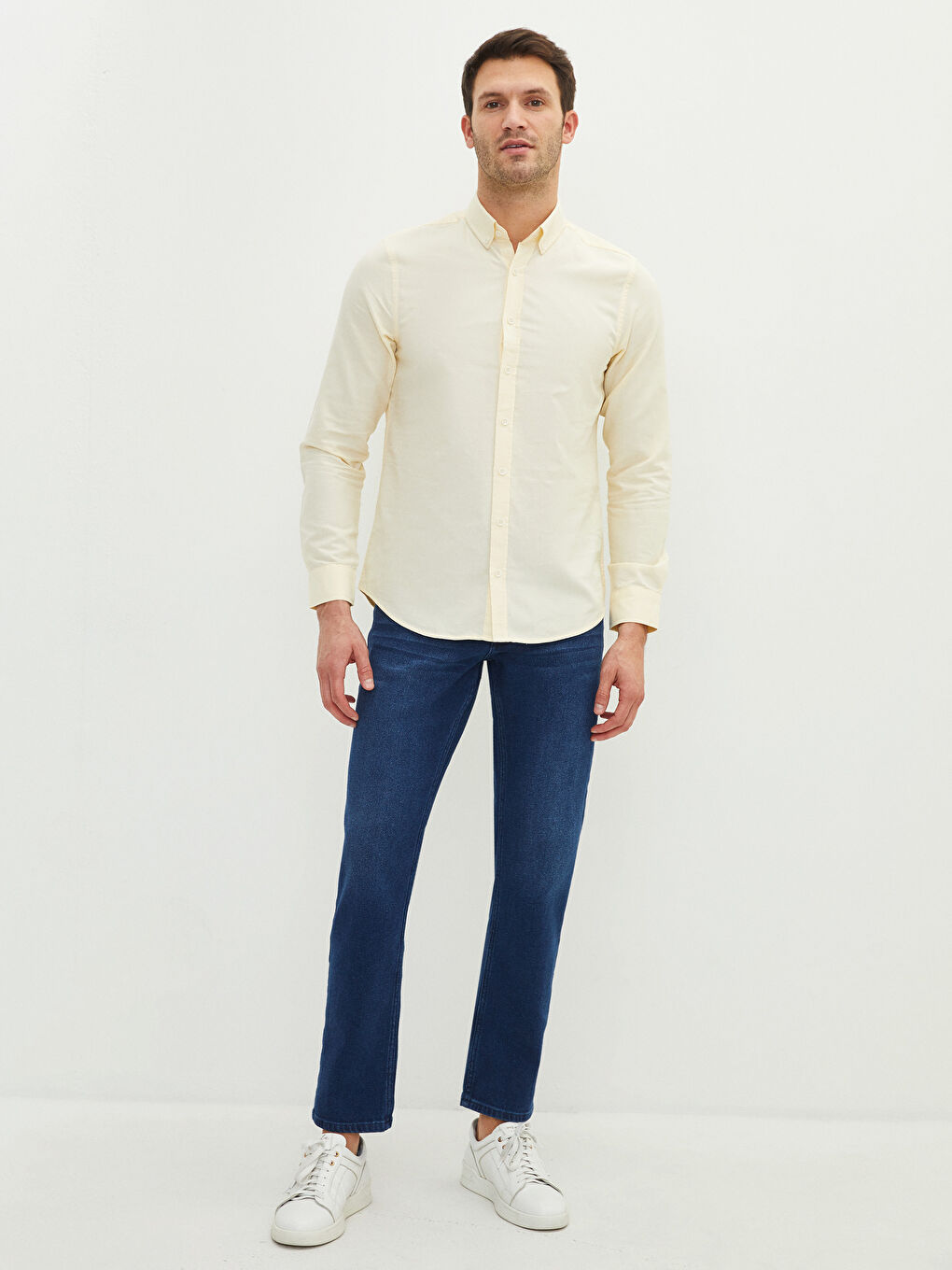 Sarı Slim Fit Uzun Kollu Oxford Erkek Gömlek-2