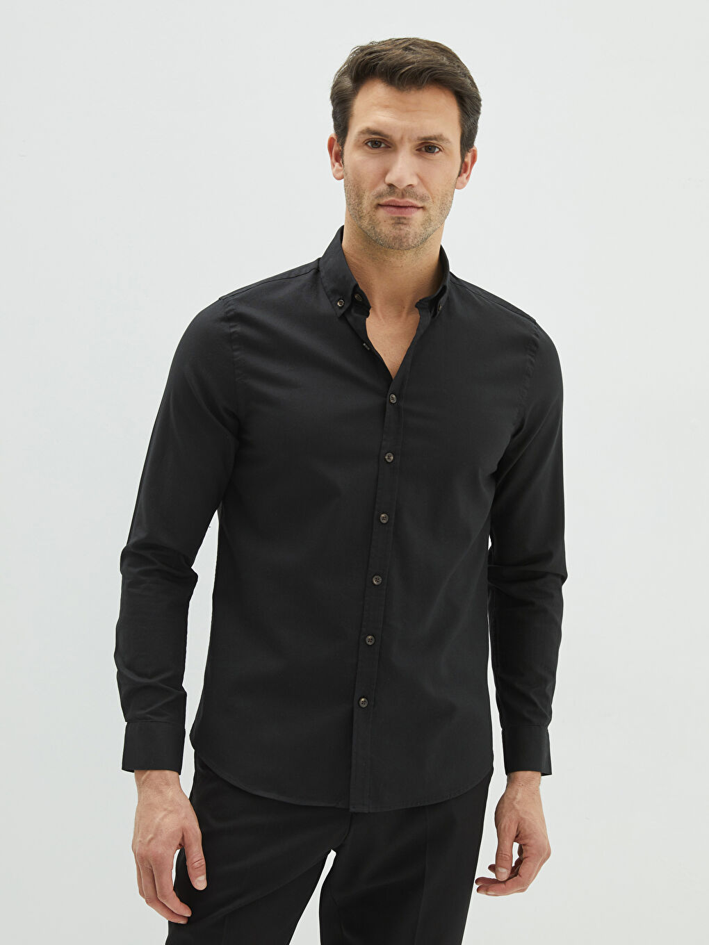 Siyah Slim Fit Uzun Kollu Oxford Erkek Gömlek-1