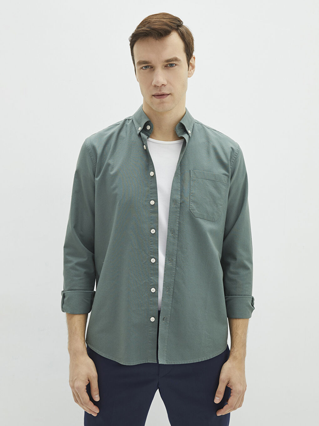 Yeşil Regular Fit Uzun Kollu Oxford Erkek Gömlek-1