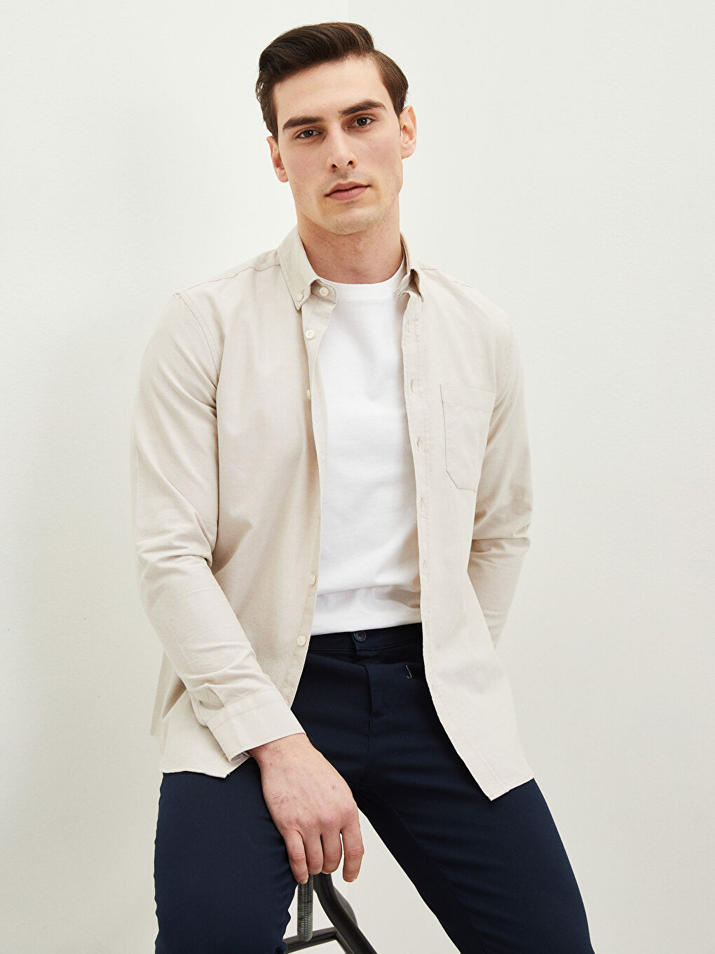 Cămașă Oxford pentru Bărbați cu Mânecă Lungă și Croială Regulară