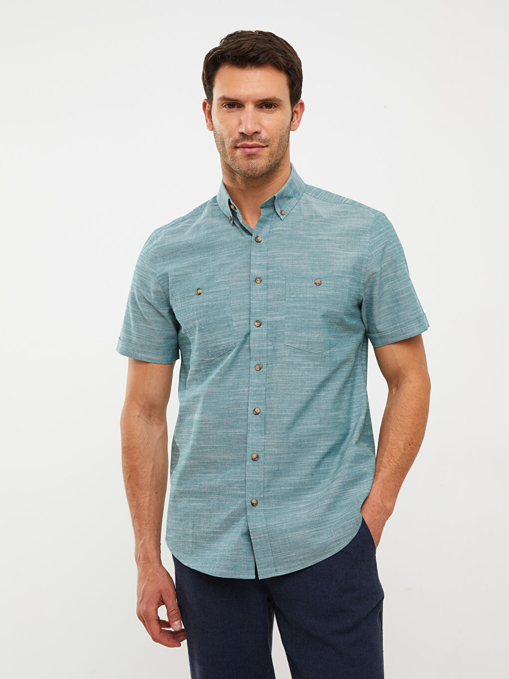 Ерлерге арналған зығыр тәріздес қысқа жеңді стандартты пішімді жейде-2