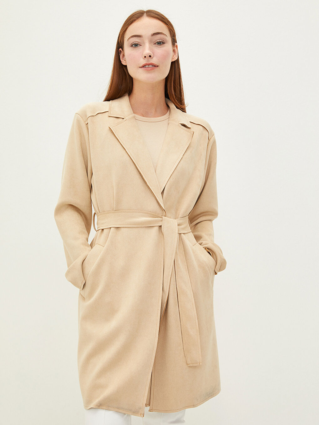 Trenchcoat für Damen mit Jackenkragen, Taillengürtel, Taschen und langen Ärmeln-1