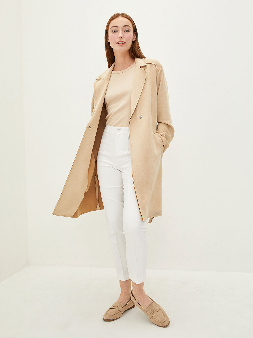 Trenchcoat für Damen mit Jackenkragen, Taillengürtel, Taschen und langen Ärmeln-4