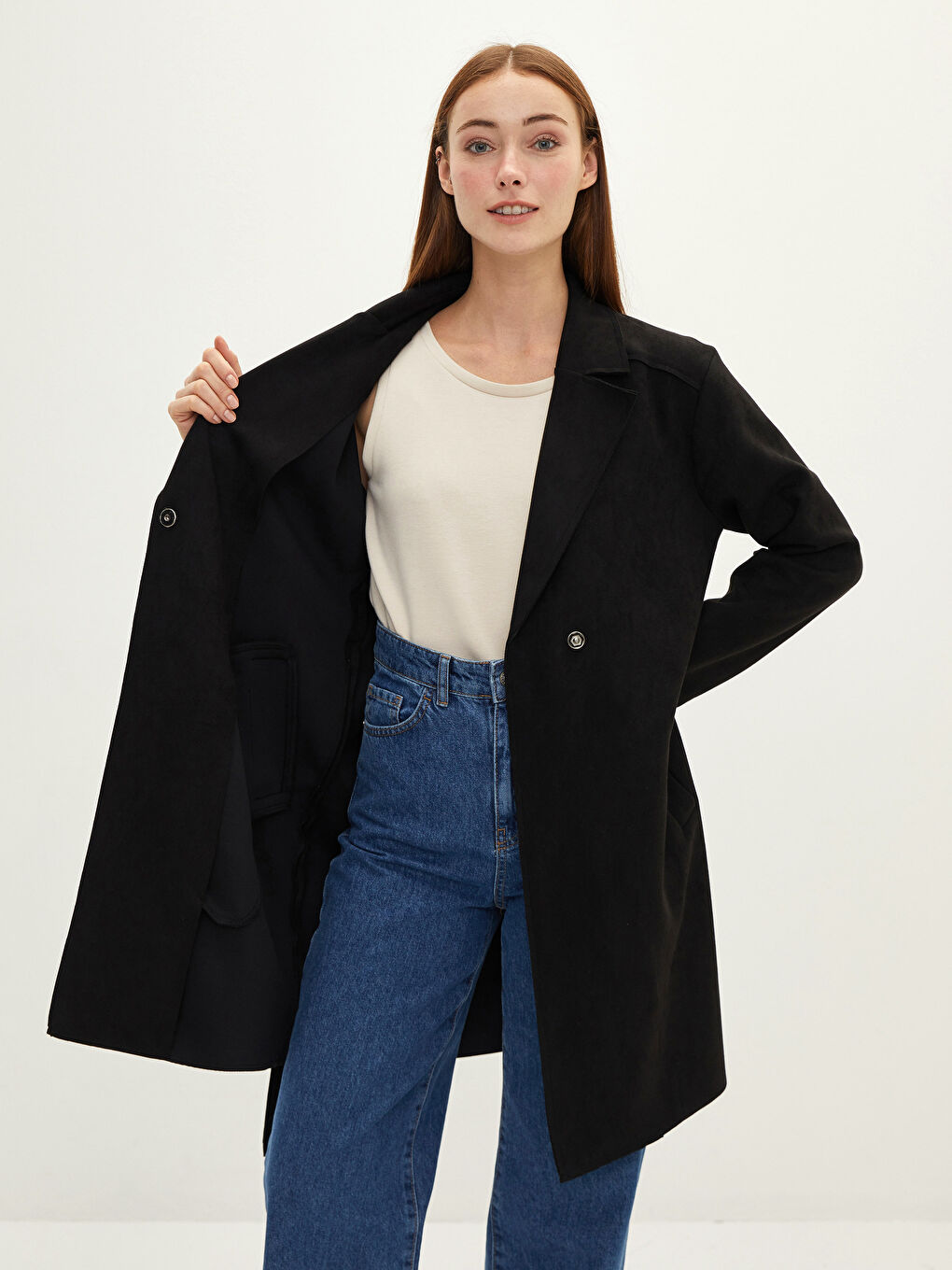 Siyah Ceket Yaka Beli Kemerli Cep Detaylı Uzun Kollu Kadın Trençkot-2