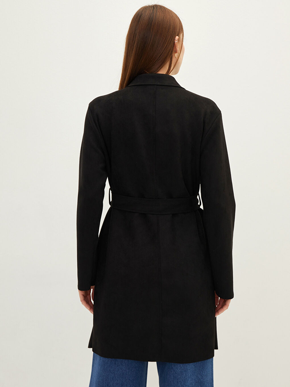 Siyah Ceket Yaka Beli Kemerli Cep Detaylı Uzun Kollu Kadın Trençkot-5
