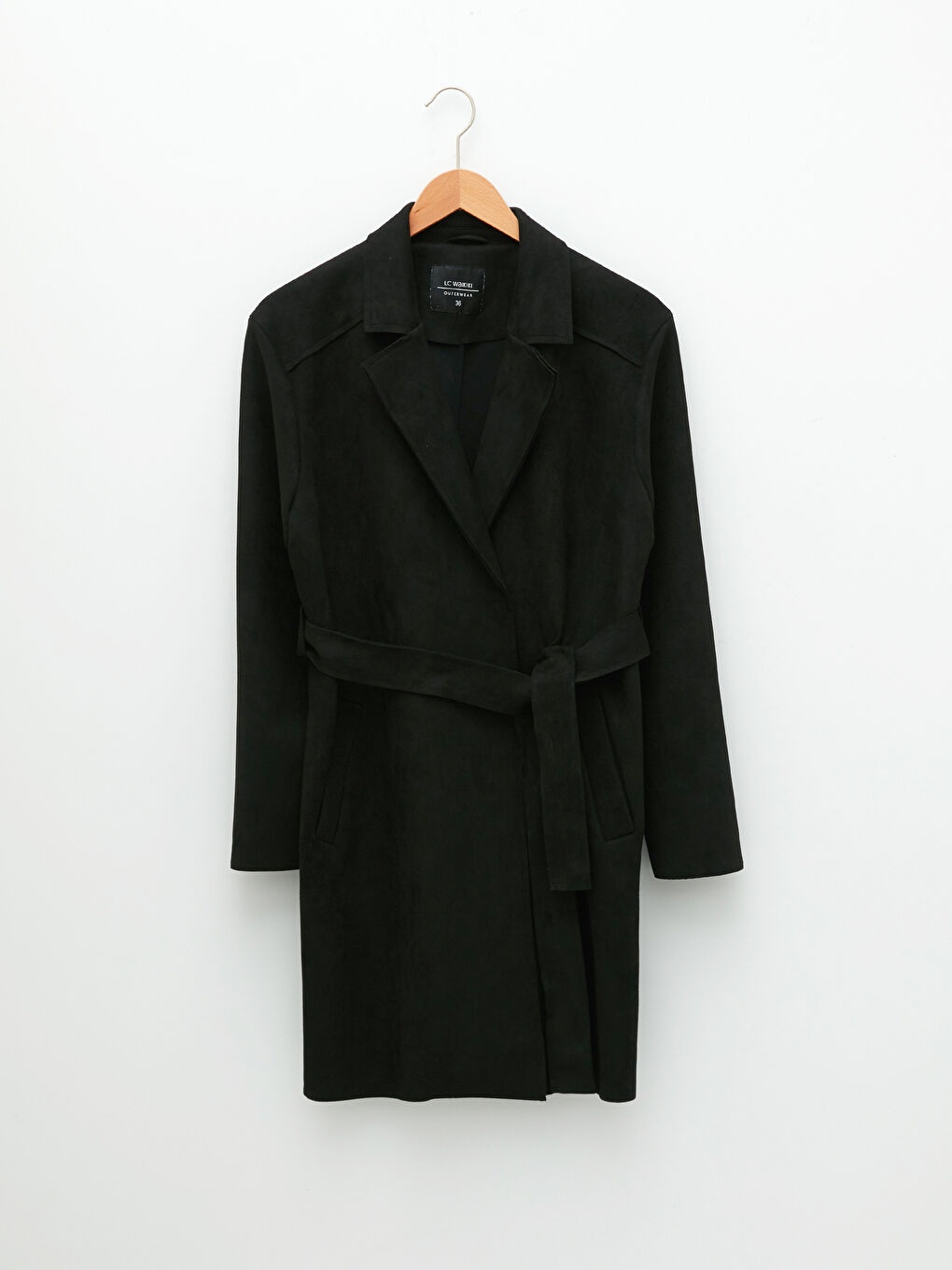 Siyah Ceket Yaka Beli Kemerli Cep Detaylı Uzun Kollu Kadın Trençkot-6