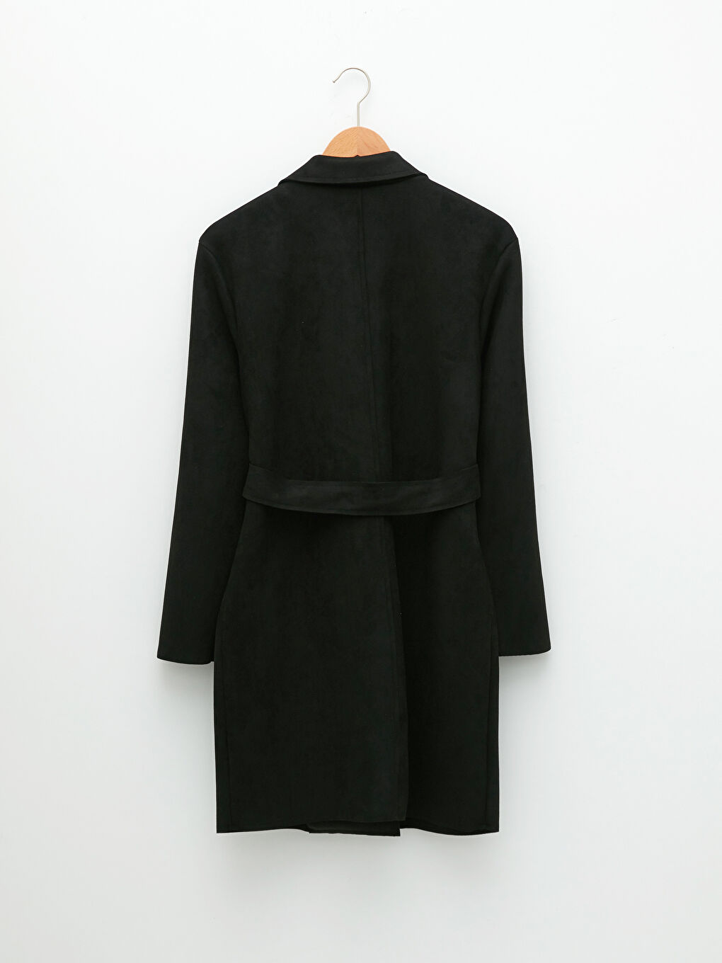 Siyah Ceket Yaka Beli Kemerli Cep Detaylı Uzun Kollu Kadın Trençkot-7