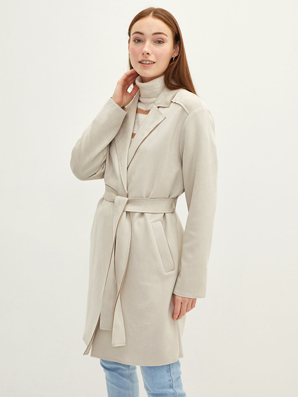 Jacket Collar Waist Belt Pocket Detailed Long Sleeve Women's Trench Coat
