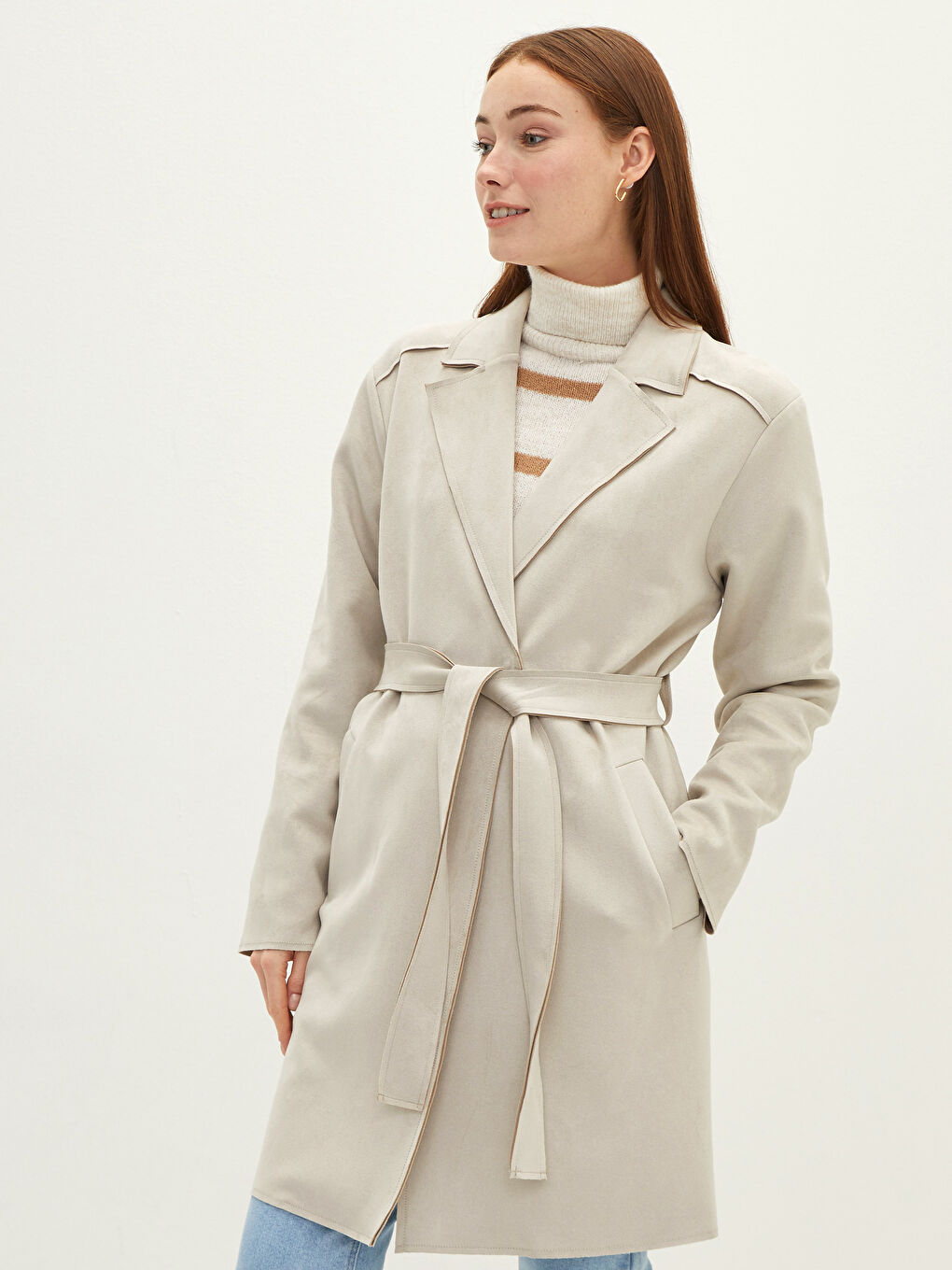 Jacket Collar Waist Belt Pocket Detailed Long Sleeve Women's Trench Coat-1
