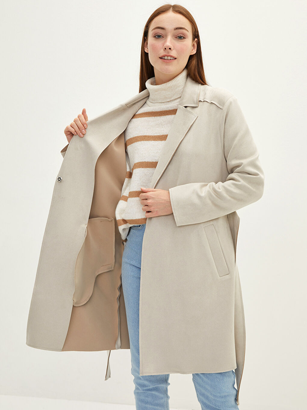 Jacket Collar Waist Belt Pocket Detailed Long Sleeve Women's Trench Coat-2