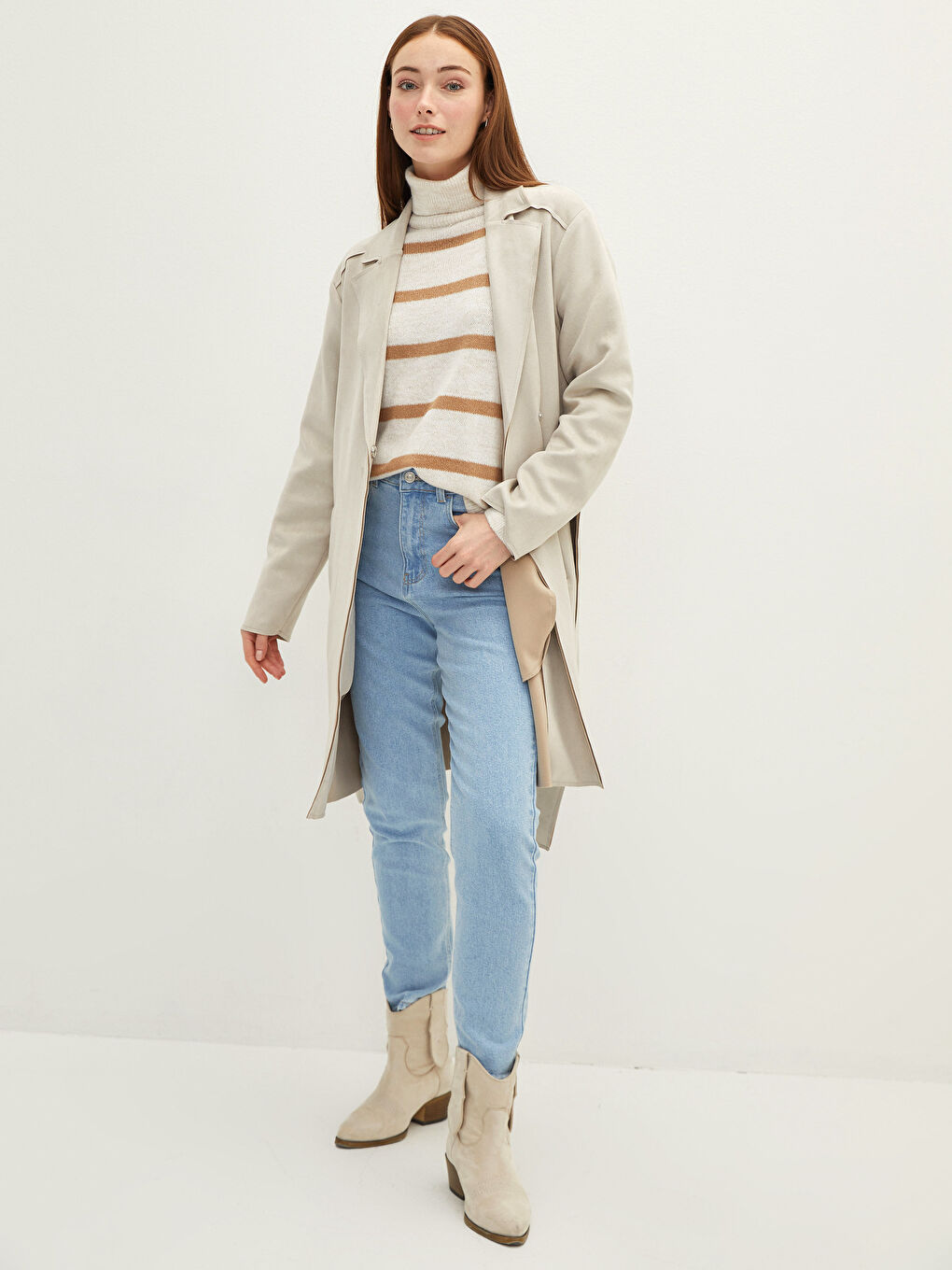 Jacket Collar Waist Belt Pocket Detailed Long Sleeve Women's Trench Coat-4