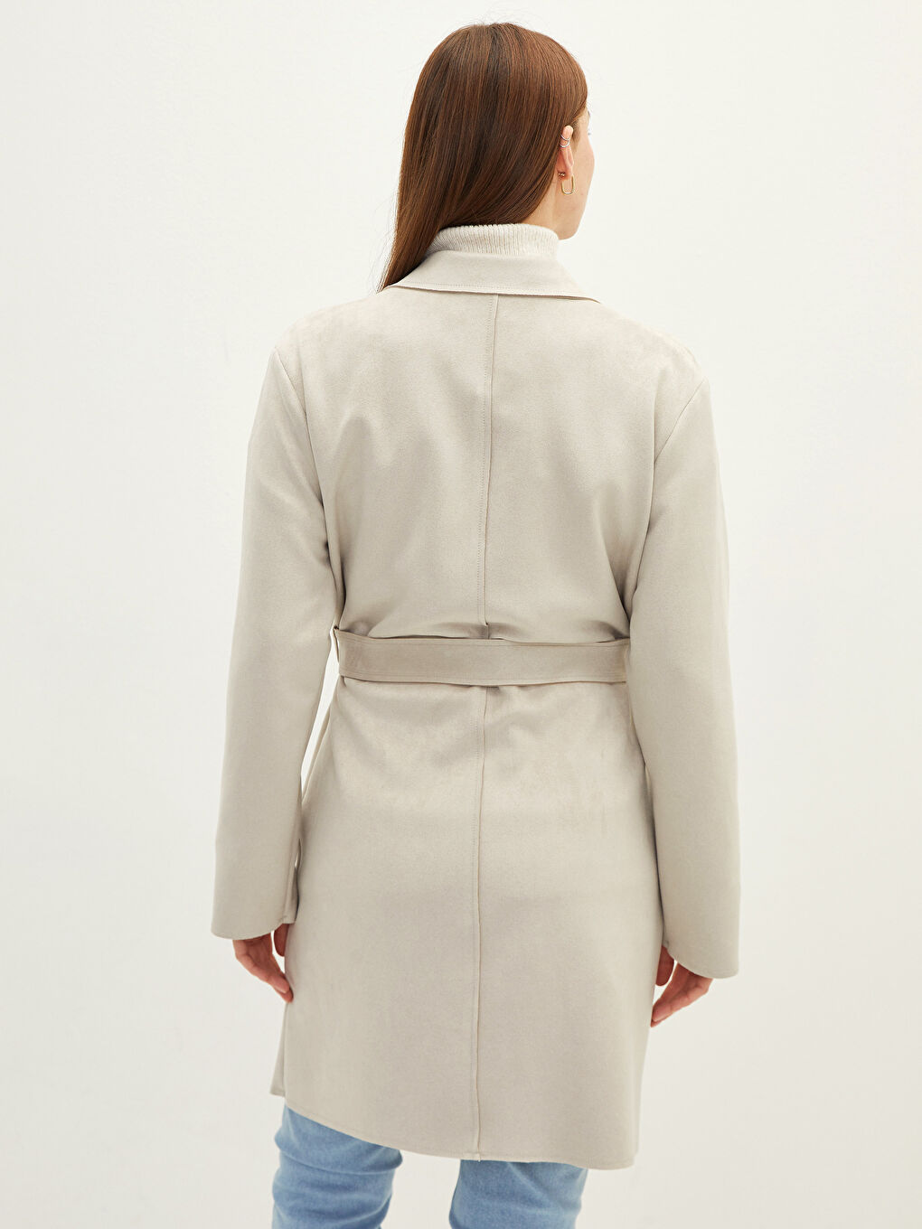 Jacket Collar Waist Belt Pocket Detailed Long Sleeve Women's Trench Coat-5