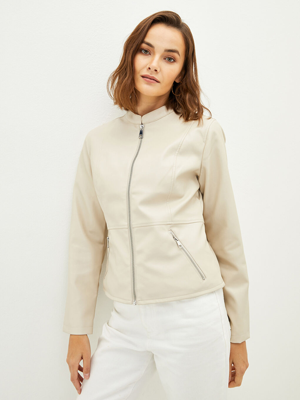 LCWAIKIKI Classic Stand Up Collar Straight Long Sleeve Pocket Detailed Slim Women's Leather Look Coat -S20269Z8-RTU