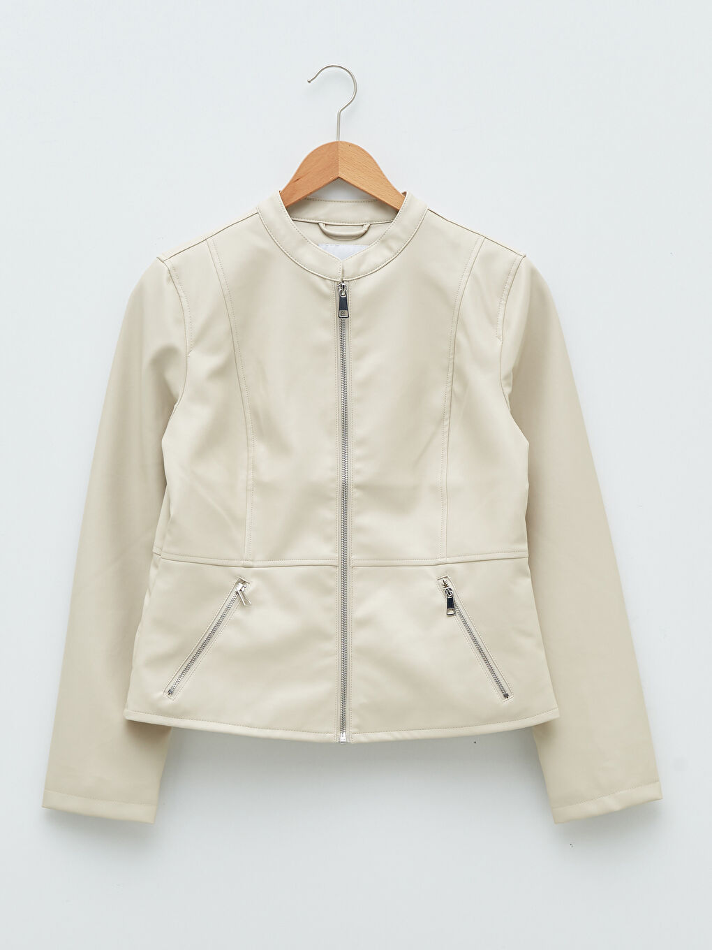 LCWAIKIKI Classic Stand Up Collar Straight Long Sleeve Pocket Detailed Slim Women's Leather Look Coat -S20269Z8-RTU