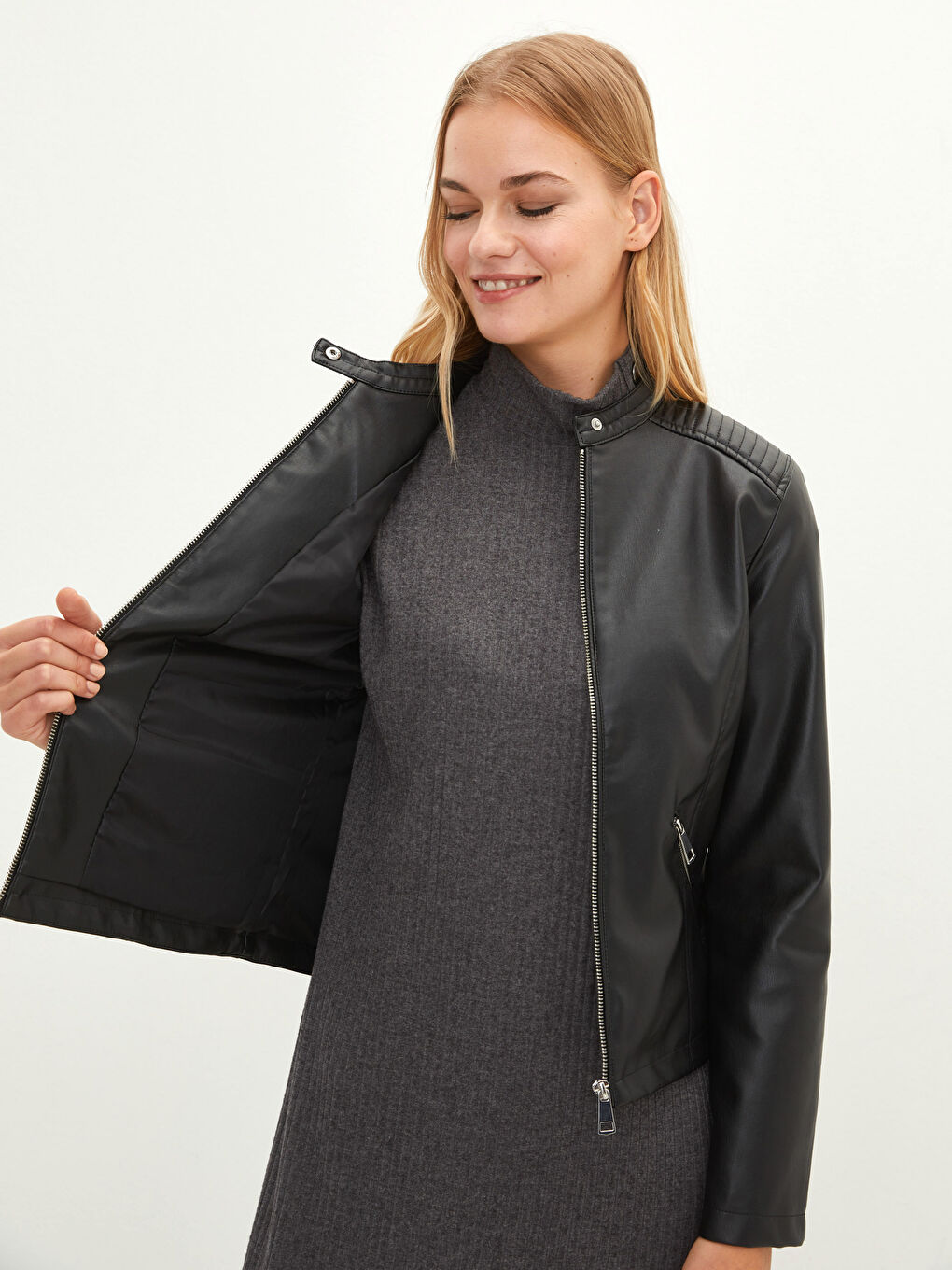 Stand Up Collar Straight Long Sleeved Pocket Detailed Women's Leather Look Coat-3