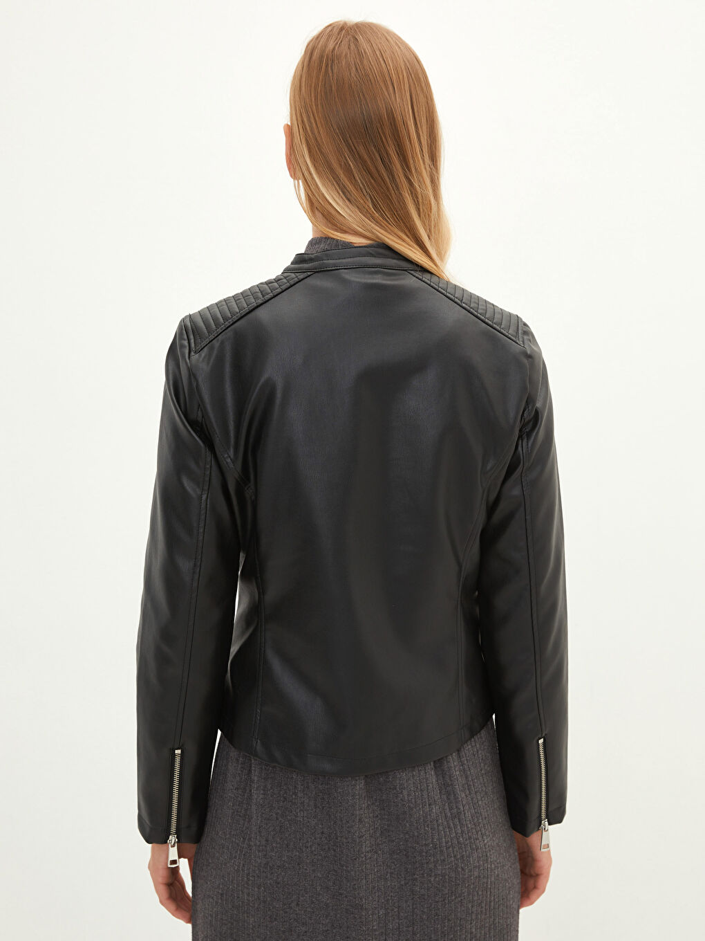 Stand Up Collar Straight Long Sleeved Pocket Detailed Women's Leather Look Coat-5