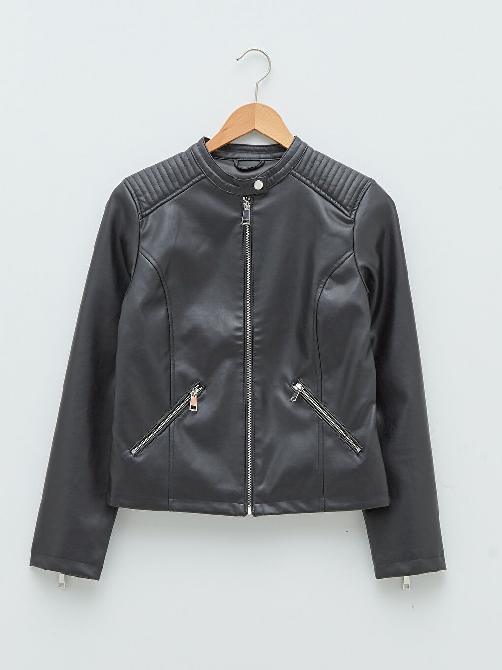 Stand Up Collar Straight Long Sleeved Pocket Detailed Women's Leather Look Coat-6