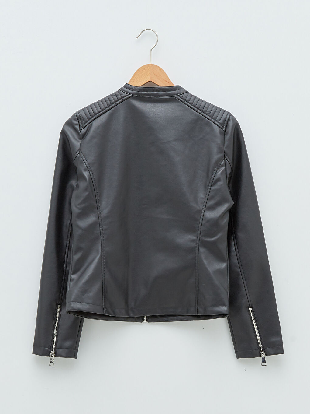 Stand Up Collar Straight Long Sleeved Pocket Detailed Women's Leather Look Coat-7