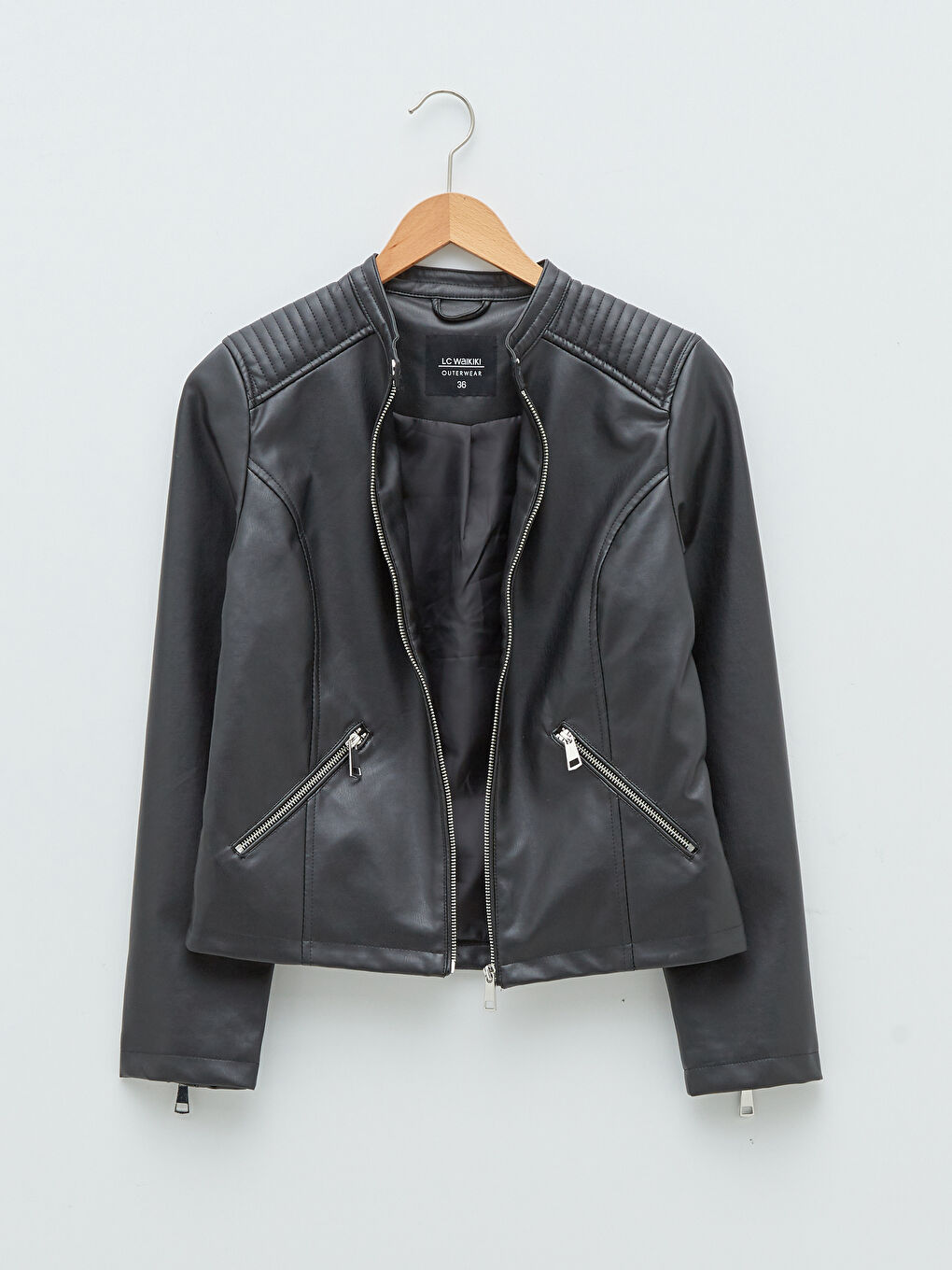 Stand Up Collar Straight Long Sleeved Pocket Detailed Women's Leather Look Coat-8
