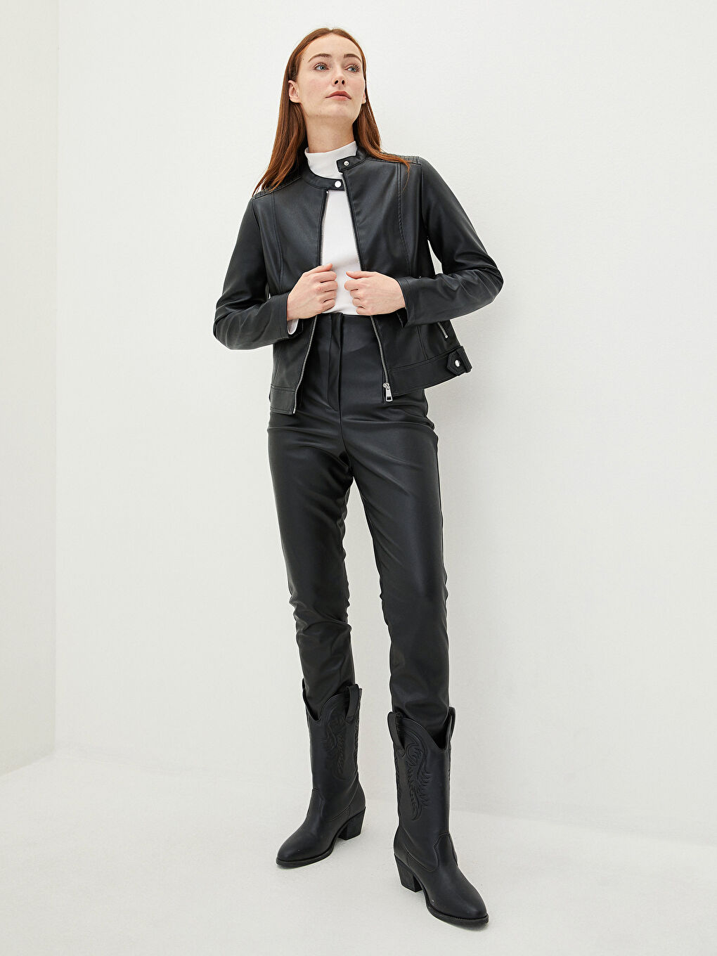 Bike Collar Straight Long Sleeve Pocket Detail Thin Women's Leather Looking Coat-2