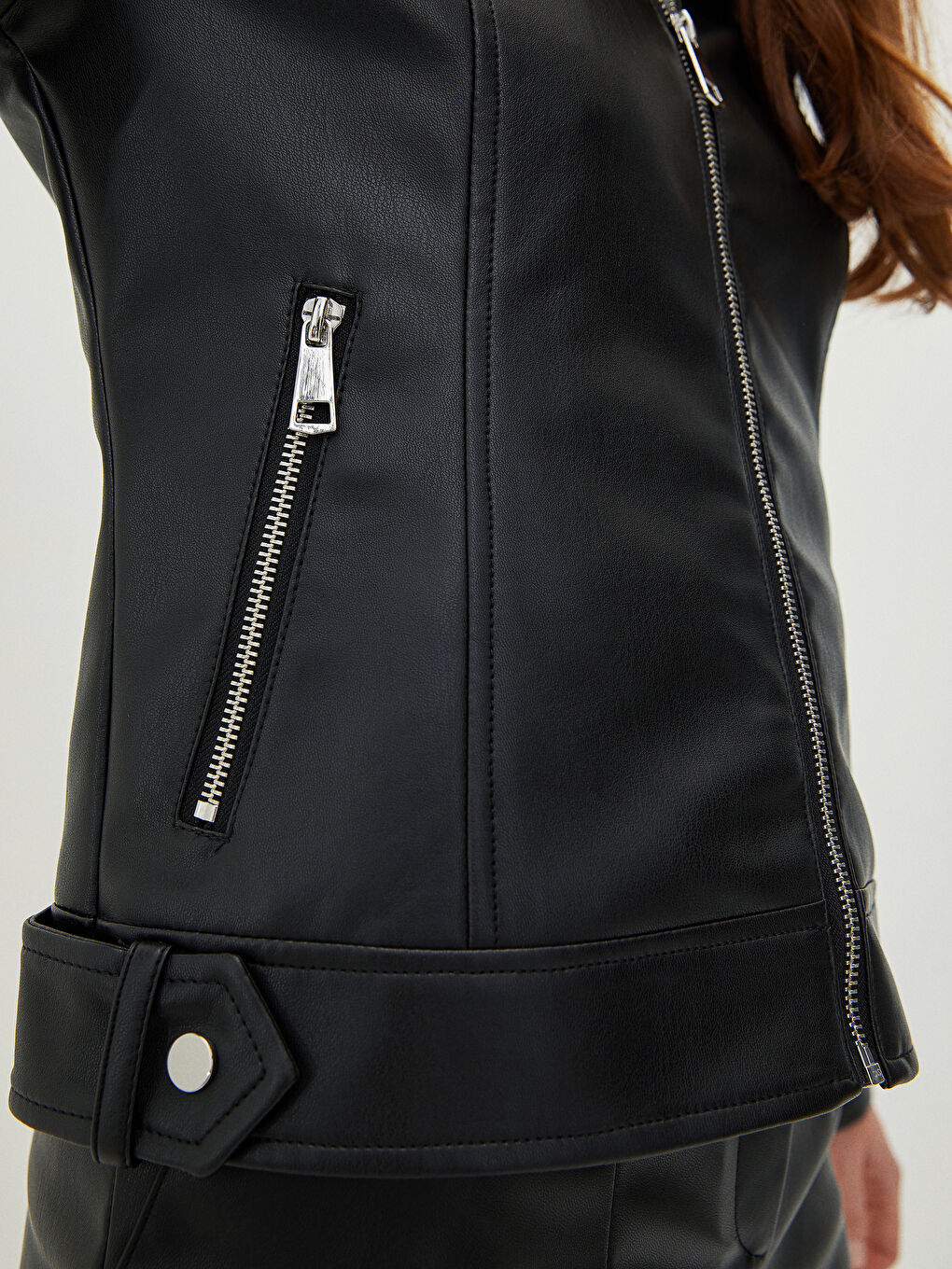 Bike Collar Straight Long Sleeve Pocket Detail Thin Women's Leather Looking Coat-3