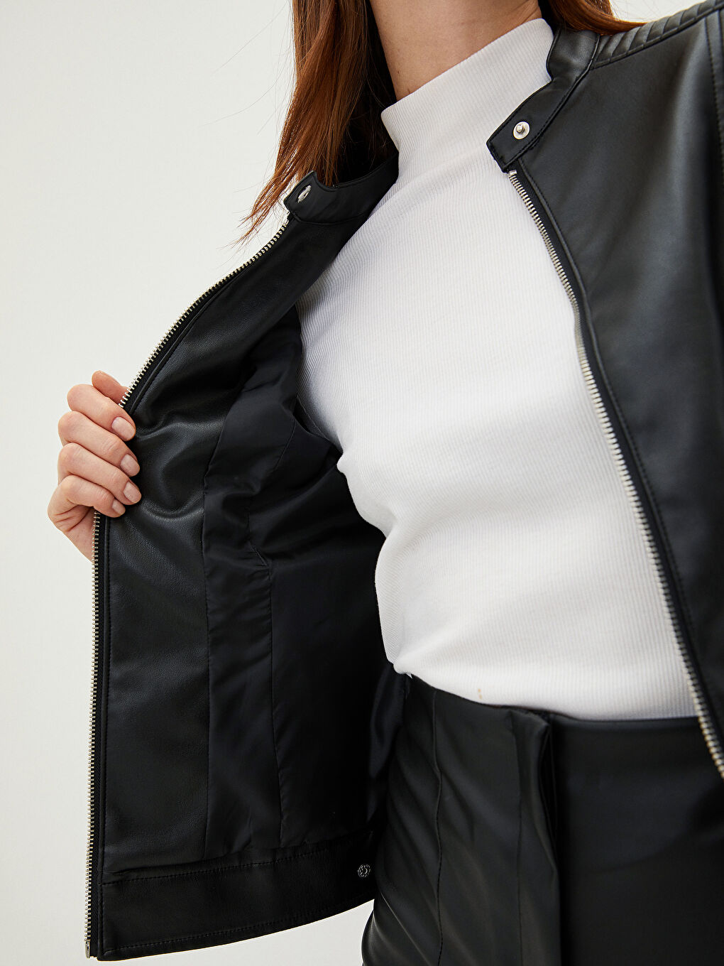 Bike Collar Straight Long Sleeve Pocket Detail Thin Women's Leather Looking Coat-4