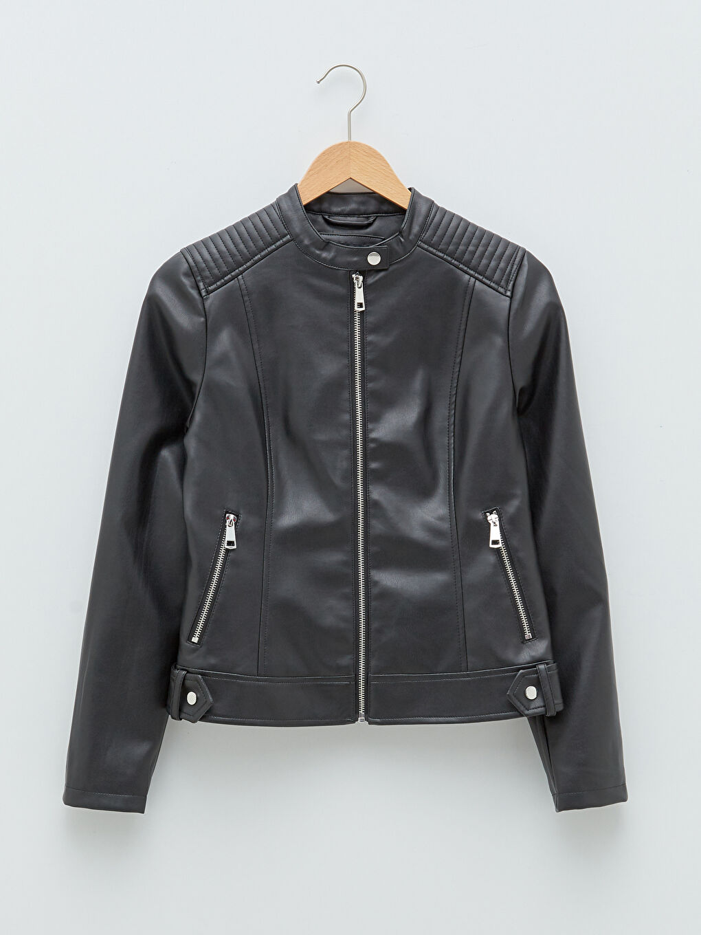 Bike Collar Straight Long Sleeve Pocket Detail Thin Women's Leather Looking Coat-6