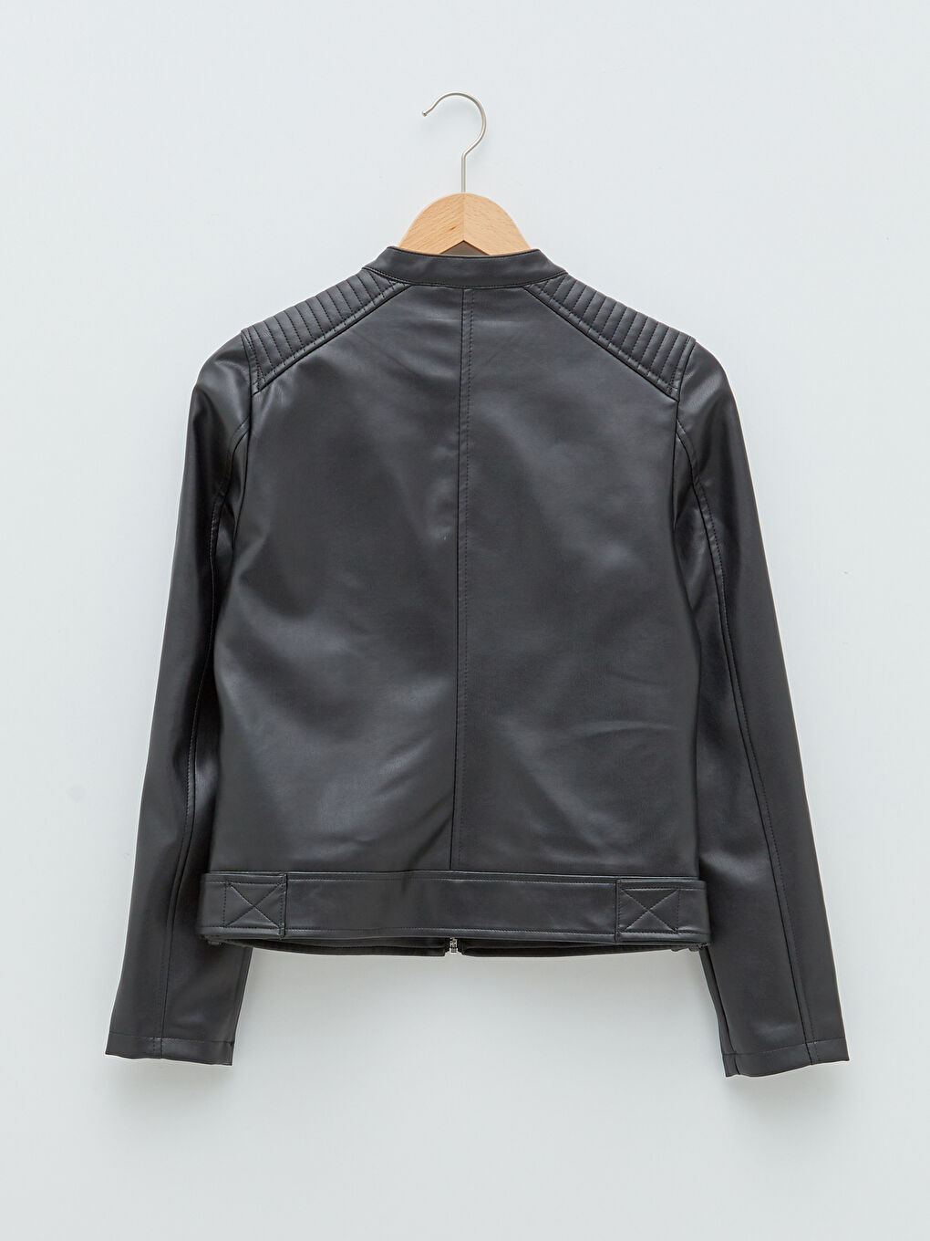 Bike Collar Straight Long Sleeve Pocket Detail Thin Women's Leather Looking Coat-7