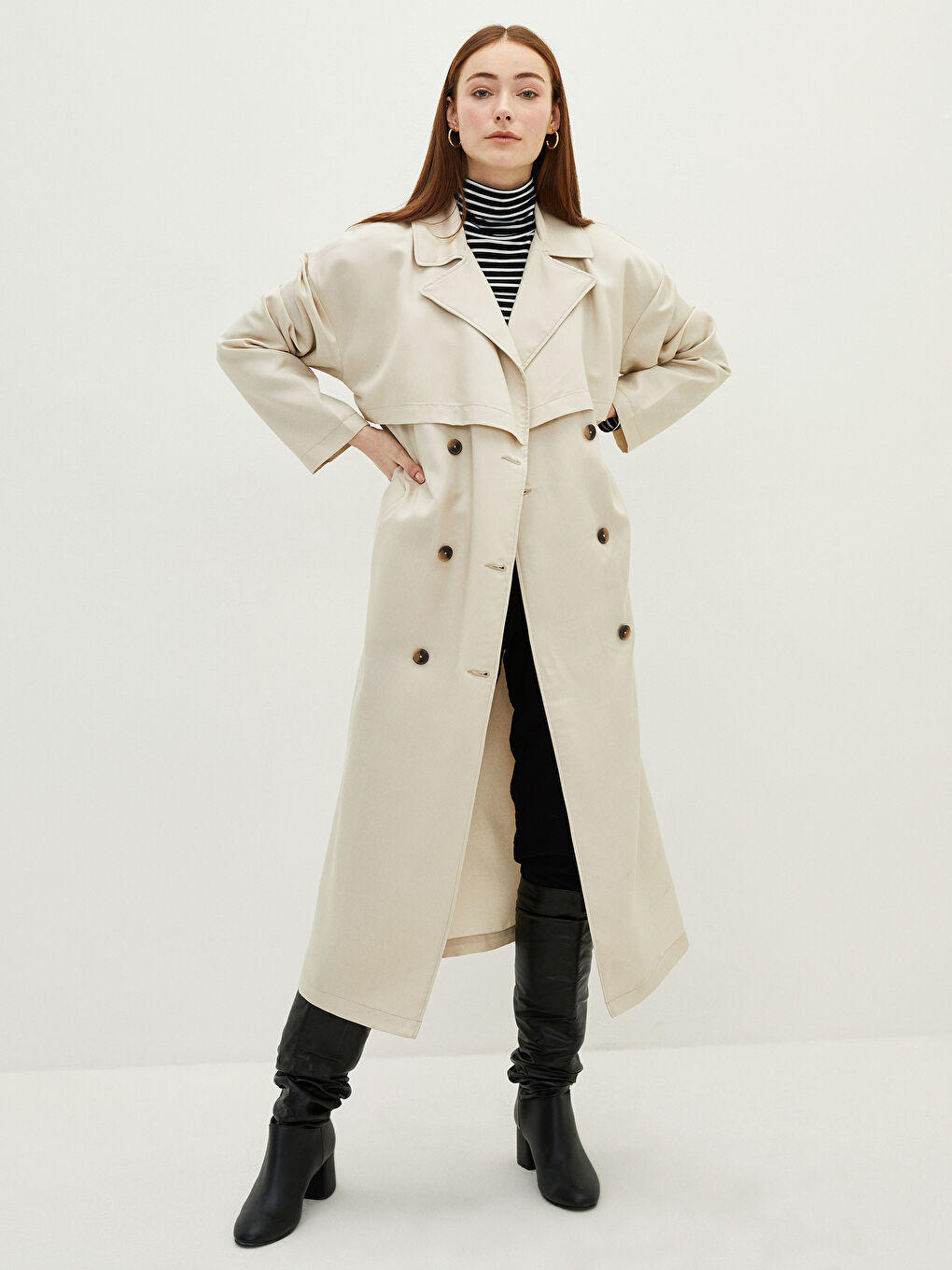 Trench-coat à col de veste droit avec poches détaillées et manches longues pour Femmes