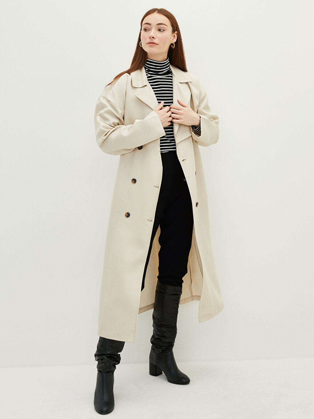 Trench-coat à col de veste droit avec poches détaillées et manches longues pour Femmes-1
