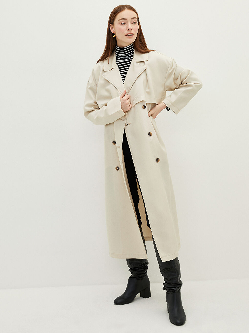 Trench-coat à col de veste droit avec poches détaillées et manches longues pour Femmes-2