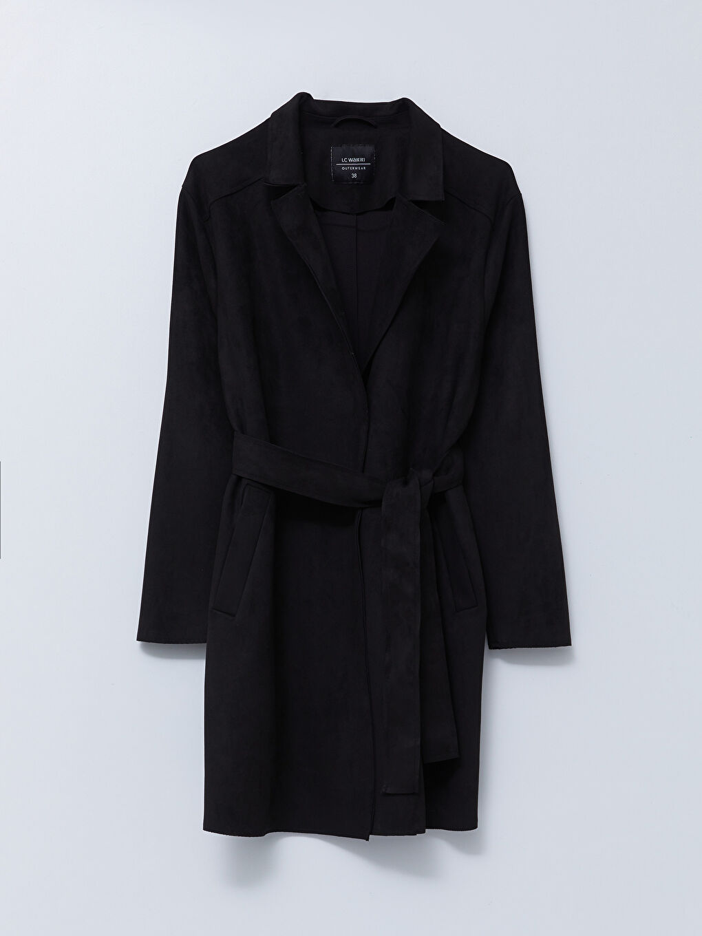 Siyah Ceket Yaka Düz Uzun Kollu Kadın Trençkot-7