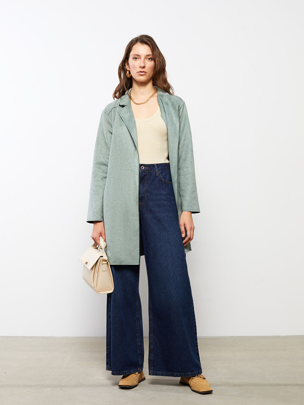 Yeşil Ceket Yaka Düz Uzun Kollu Kadın Trençkot