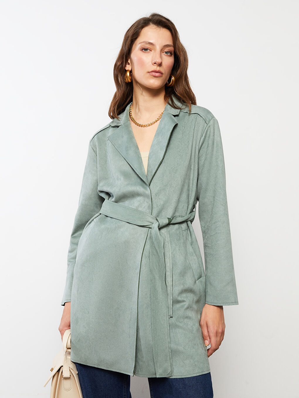 Yeşil Ceket Yaka Düz Uzun Kollu Kadın Trençkot-1