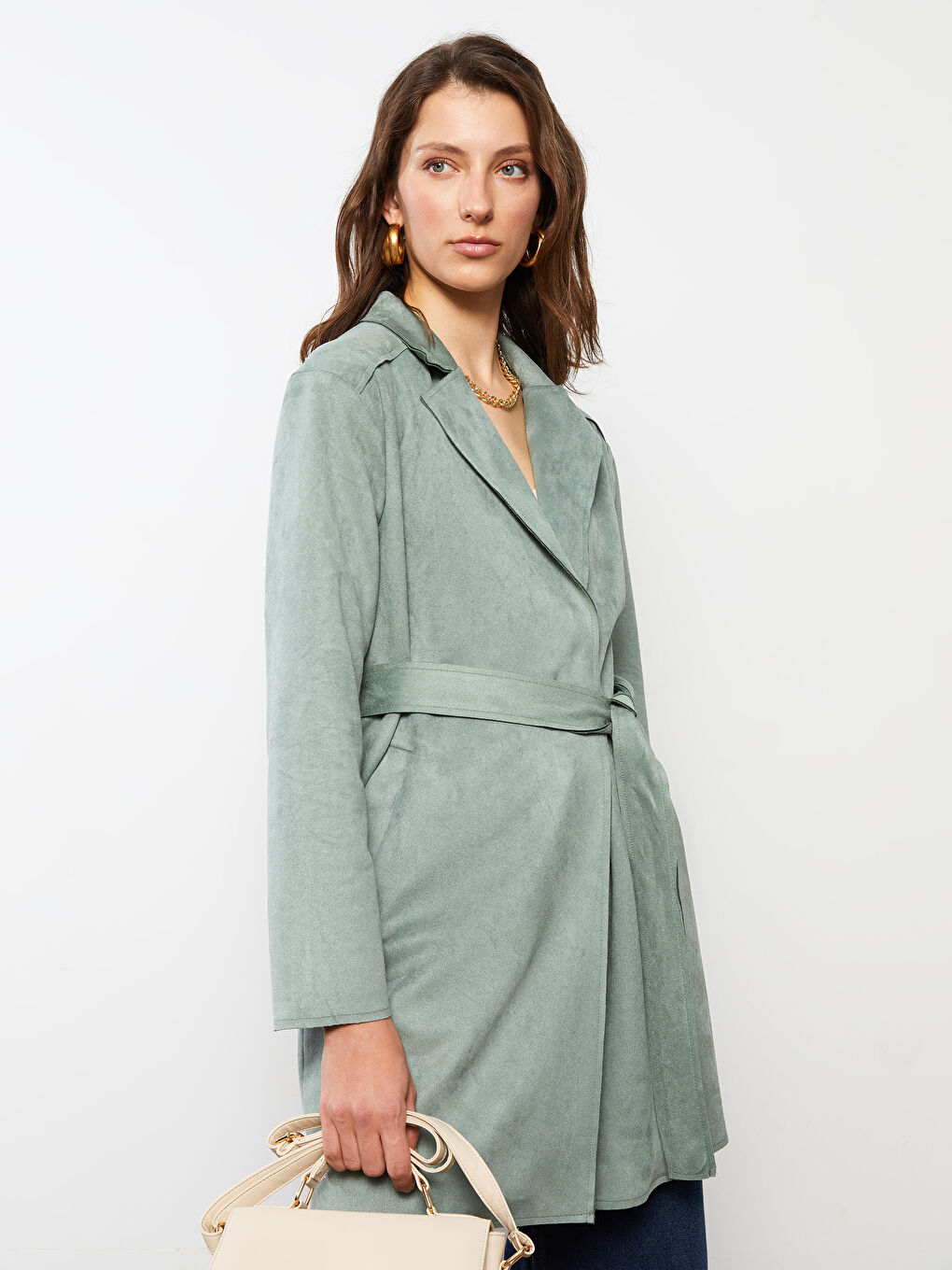 Yeşil Ceket Yaka Düz Uzun Kollu Kadın Trençkot-2