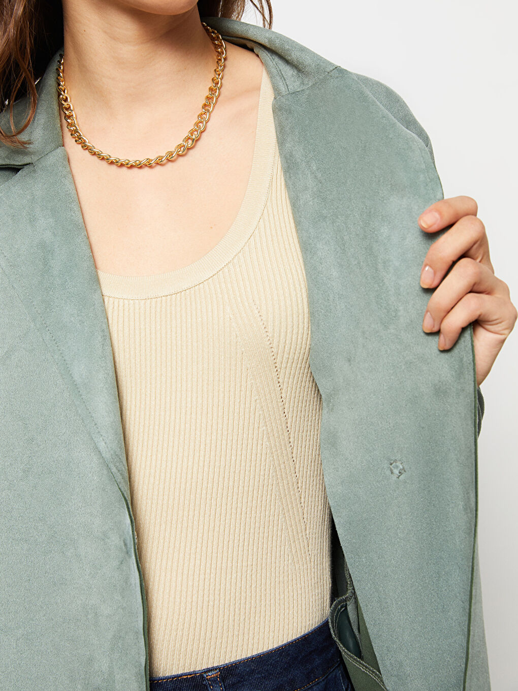 Yeşil Ceket Yaka Düz Uzun Kollu Kadın Trençkot-5