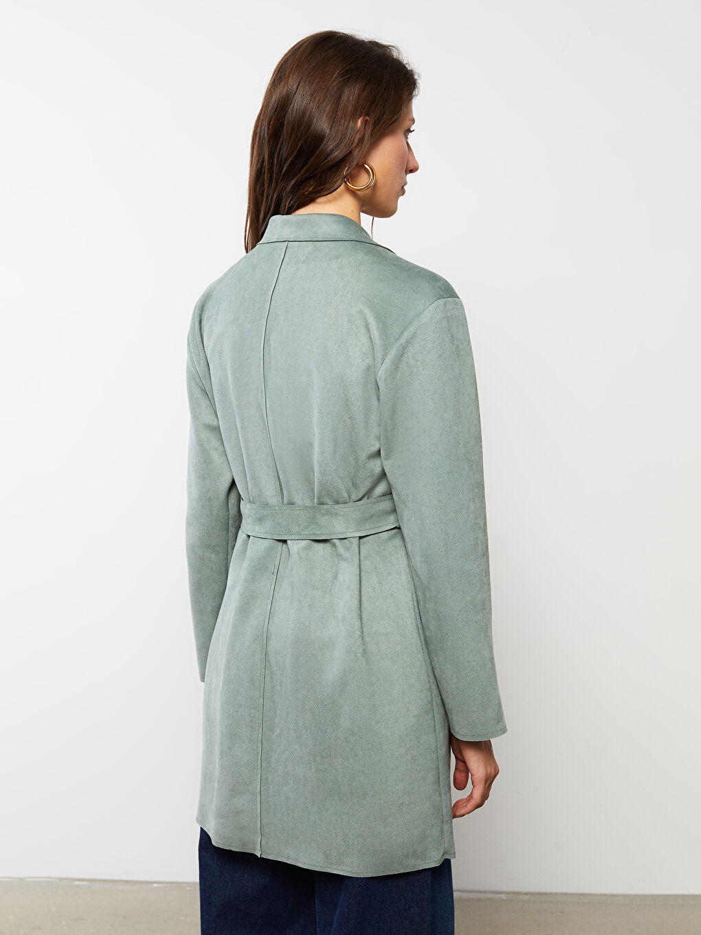 Yeşil Ceket Yaka Düz Uzun Kollu Kadın Trençkot-6